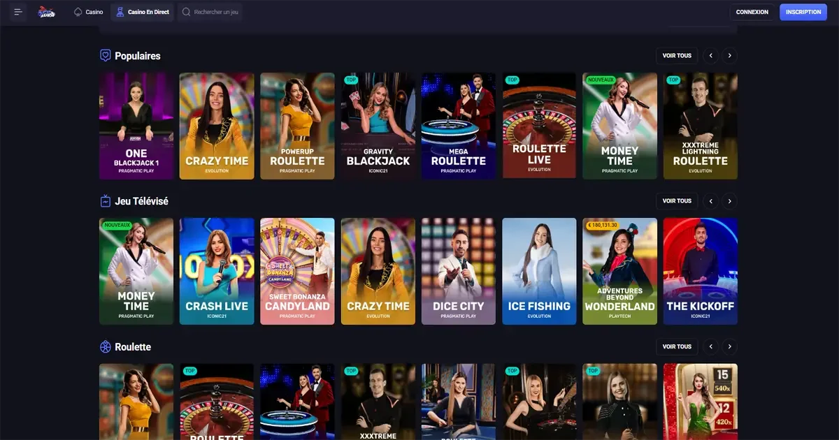 jeux de casino en direct sur SpinAura avec roulette, blackjack et jeux t&eacute;l&eacute;vis&eacute;s