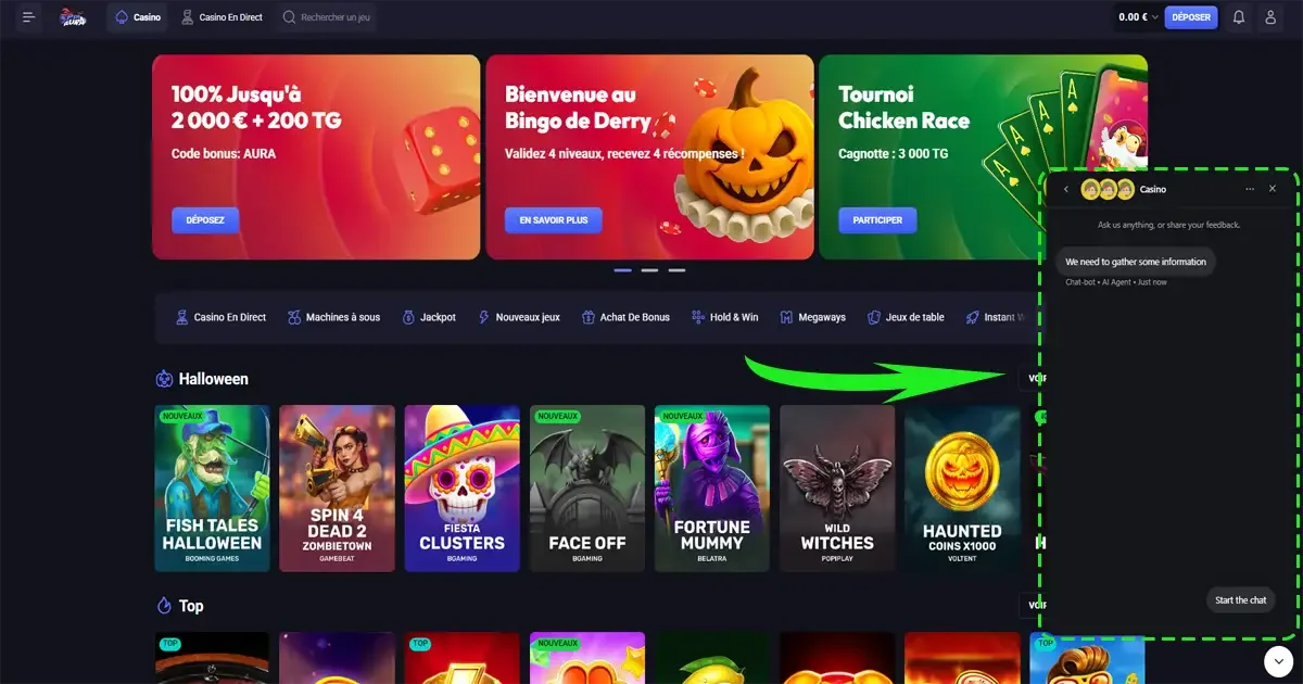 assistance en direct via chat sur le casino en ligne SpinAura