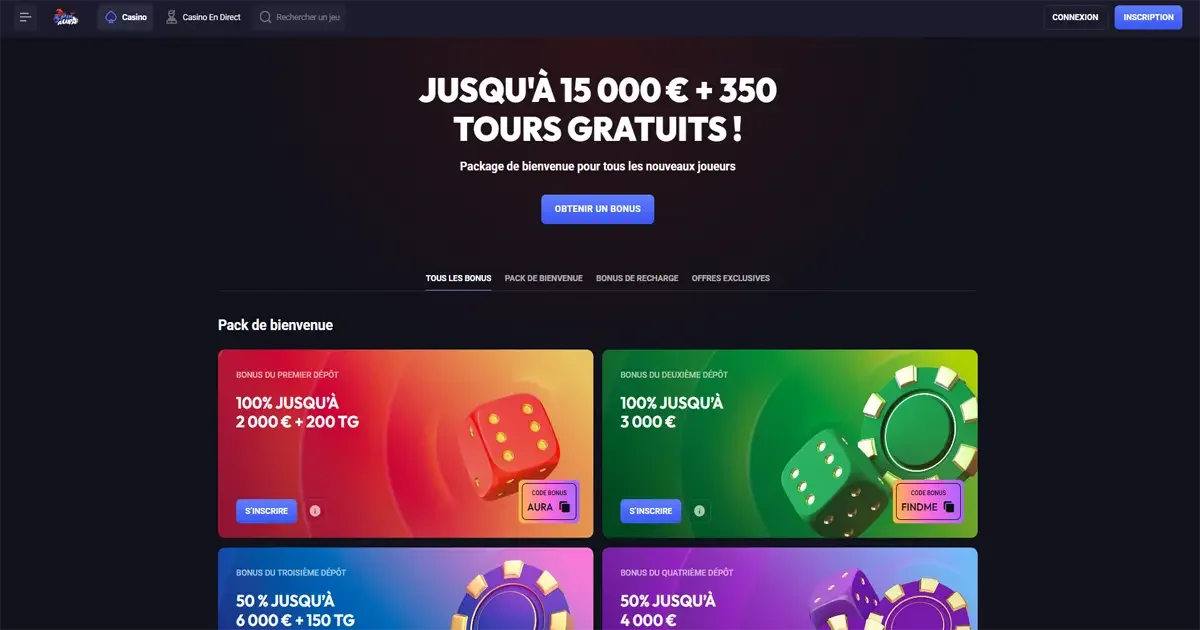 offre de bienvenue SpinAura avec bonus jusqu&rsquo;&agrave; 15 000 &euro; et tours gratuits