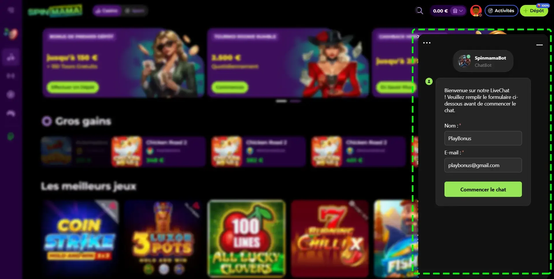 Chatbot du casino en ligne Spinmama