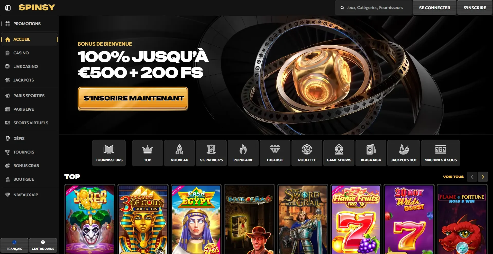 Accueil du casino en ligne Spinsy