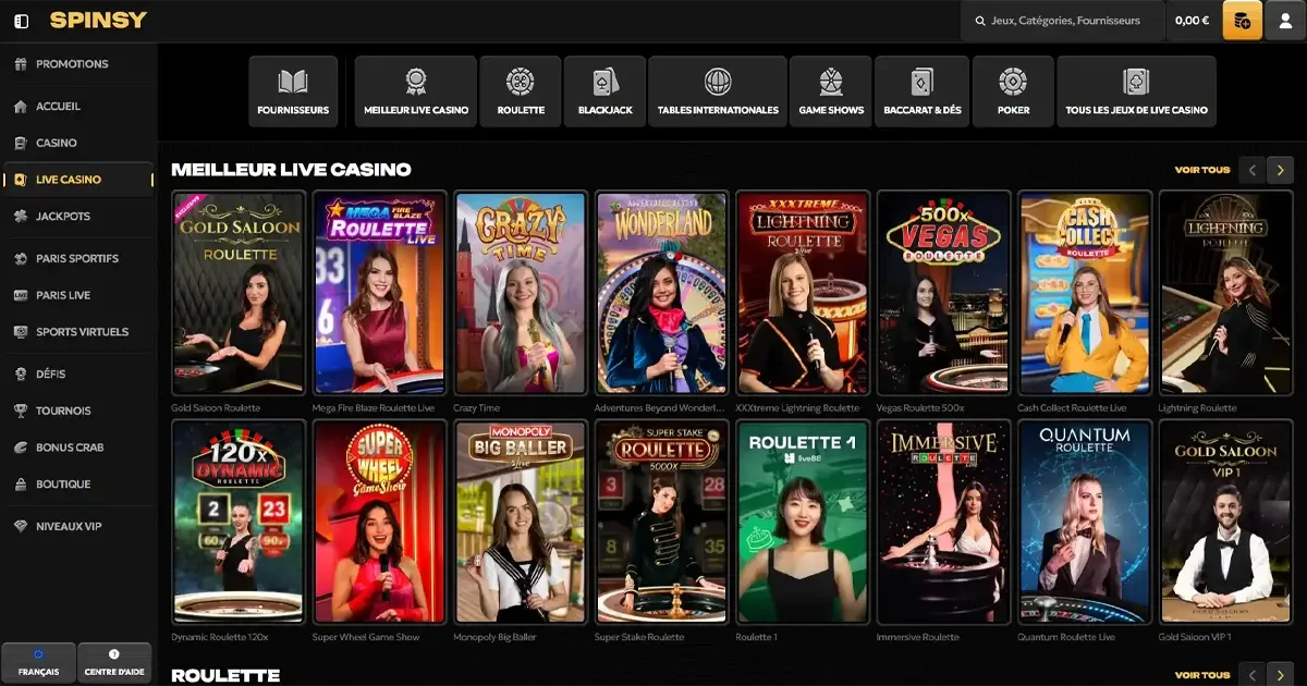 Meilleur live casino sur Spinsy avec jeux de roulette en direct comme Gold Saloon, Mega Fire Blaze, Crazy Time et Lightning Roulette
