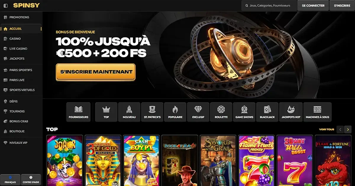 Page d&rsquo;accueil du casino Spinsy avec offre de bienvenue 100 % jusqu&rsquo;&agrave; 500 &euro; + 200 free spins et aper&ccedil;u des machines &agrave; sous populaires