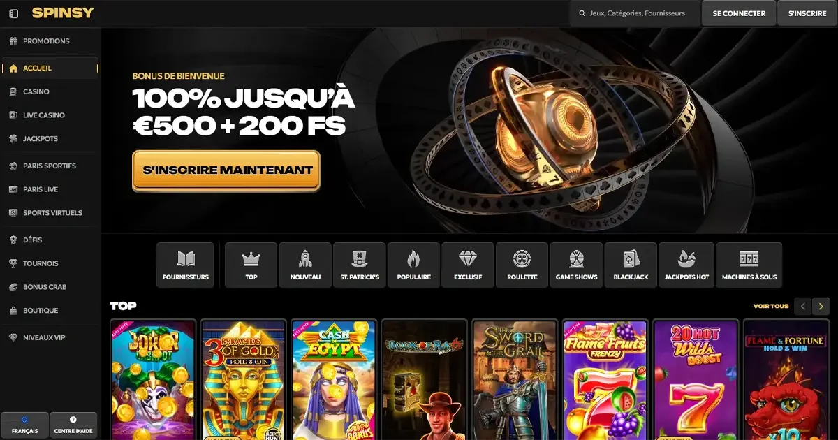 Bonus de bienvenue Spinsy Casino 100 % jusqu&rsquo;&agrave; 500 &euro; avec 200 free spins sur les meilleures machines &agrave; sous en ligne