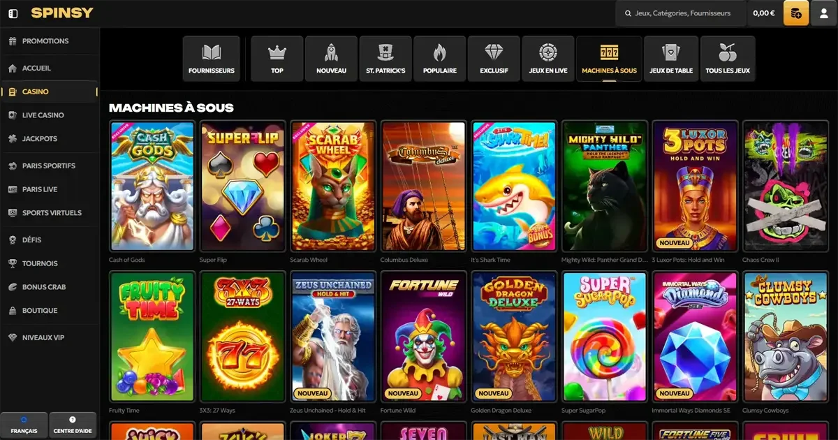 Collection de machines &agrave; sous Spinsy Casino avec jeux populaires comme Cash of Gods, Super Flip, Shark Time et Fortune Wild