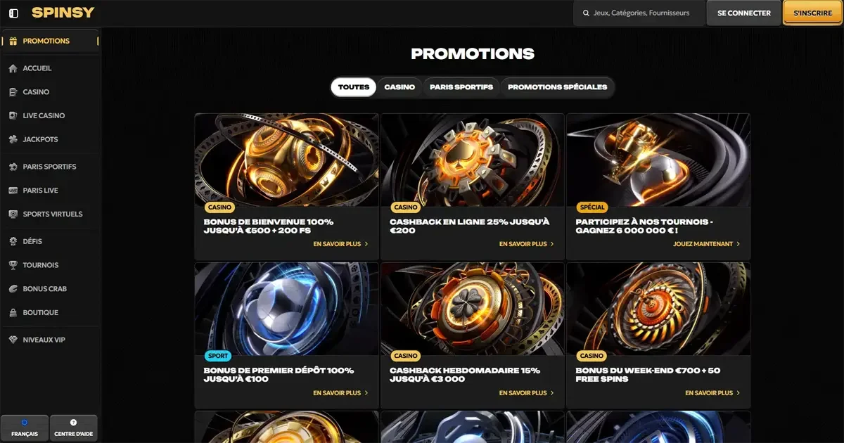 Promotions Spinsy Casino avec bonus de bienvenue, cashback jusqu&rsquo;&agrave; 3000 &euro;, free spins et tournois de casino en ligne