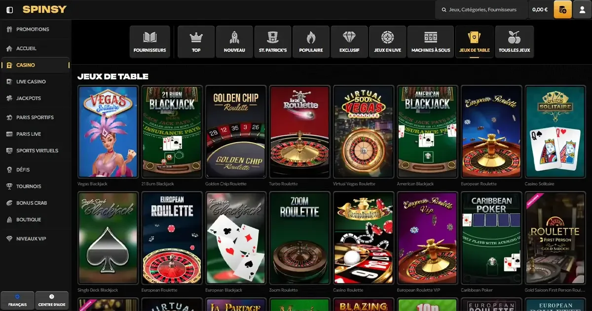 Jeux de table Spinsy Casino avec blackjack, roulette europ&eacute;enne, poker carib&eacute;en et variantes exclusives comme Turbo Roulette et Zoom Roulette