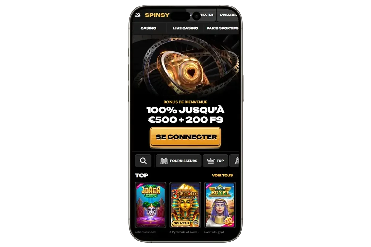 Interface mobile de Spinsy Casino avec bonus de bienvenue 100 % jusqu&rsquo;&agrave; 500 &euro; et 200 free spins sur machines &agrave; sous populaires