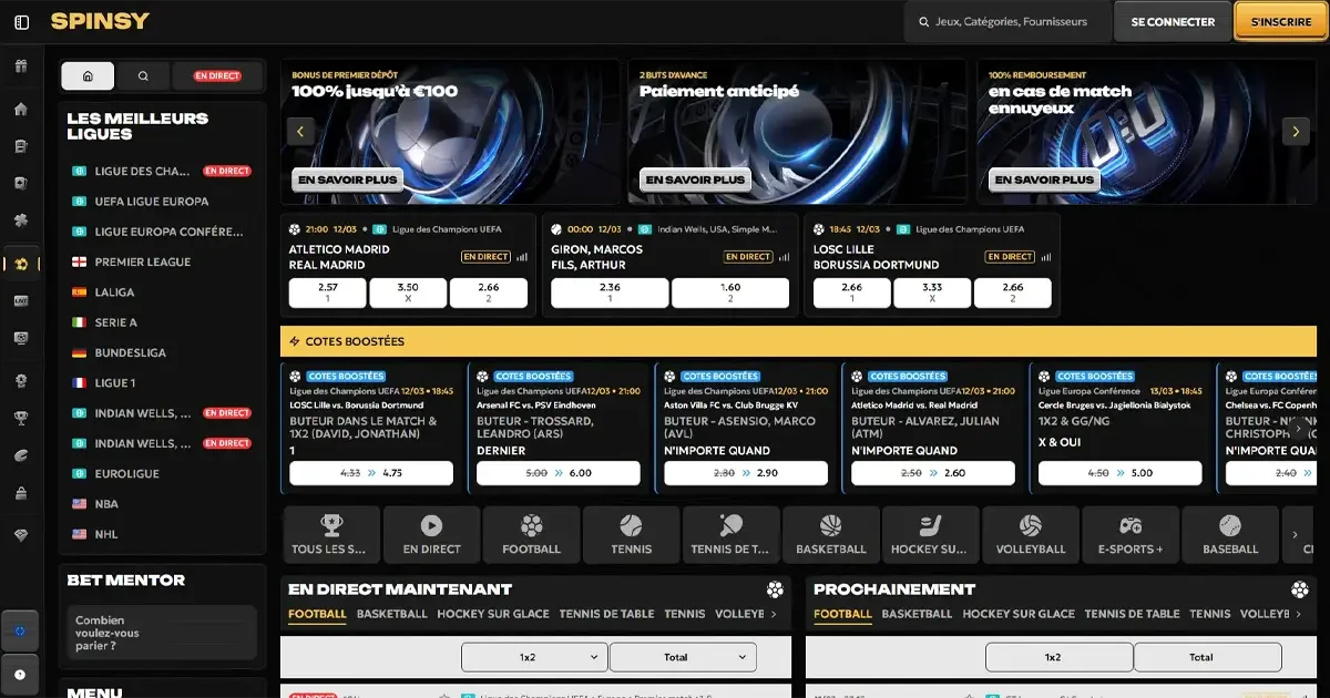 Section paris sportifs Spinsy Casino avec cotes boost&eacute;es, matchs en direct, bonus de d&eacute;p&ocirc;t et paris sur la Ligue des Champions, NBA et Indian Wells