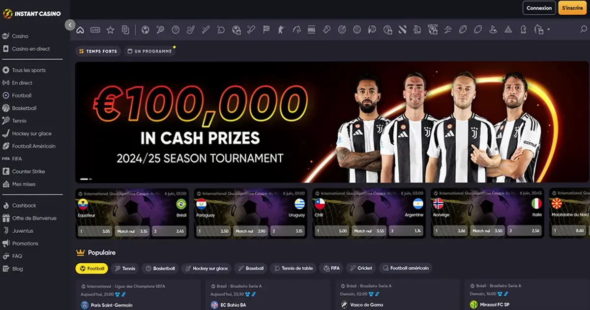 Tournoi de football Instant Casino 2025 avec 100 000&euro; de cash prizes et joueurs de la Juventus en arri&egrave;re-plan