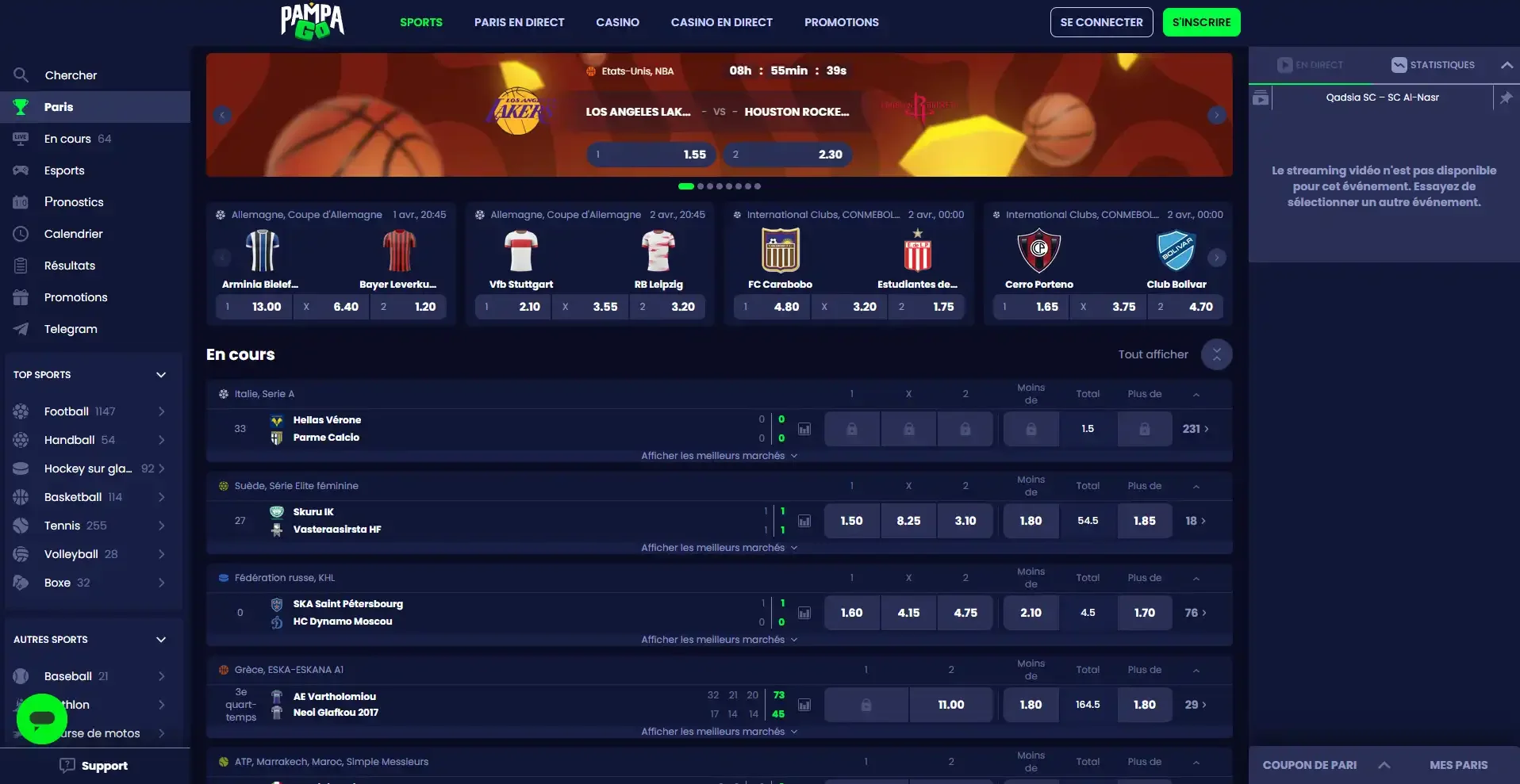Sportbook du casino en ligne Pampago casino