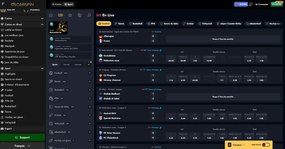 Paris sportifs en direct sur OscarSpin avec matchs de football, tennis, basketball et cotes en temps r&eacute;el