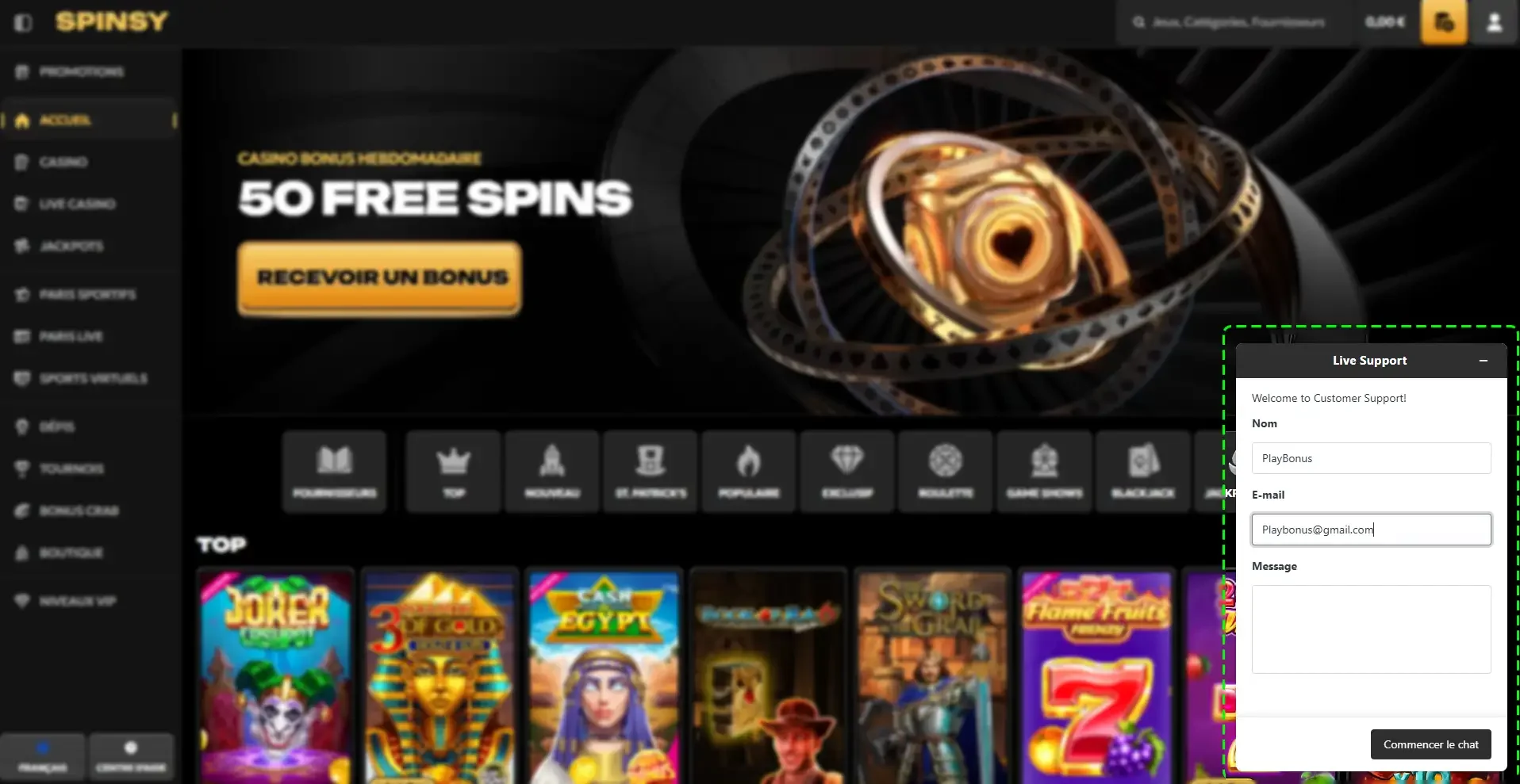 Tchat bot du service client Spinsy Casino