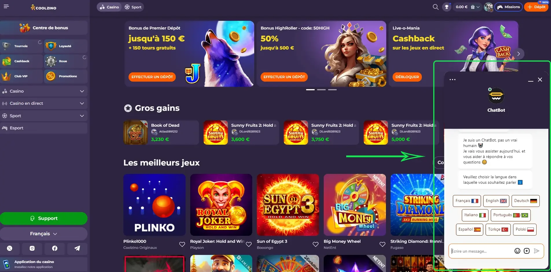 Interface Coolzino avec bonus de d&eacute;p&ocirc;t jusqu&rsquo;&agrave; 150 &euro;, cashback et assistance par chatbot en ligne sur un casino fiable