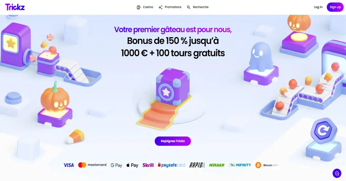Page d'accueil de Trickz Casino avec bonus de bienvenue de 150 % jusqu'&agrave; 1000 &euro; et 100 tours gratuits