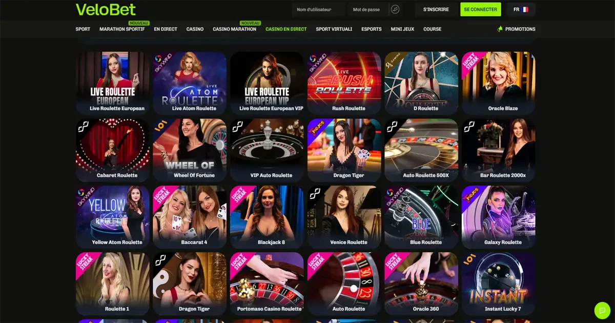 Casino en direct VeloBet avec roulette live blackjack et jeux de table en streaming