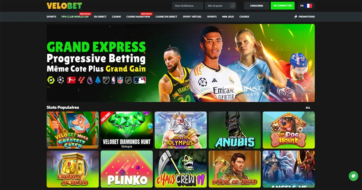 Page d'accueil de Velobet avec jeux de casino populaires et paris sportifs en ligne