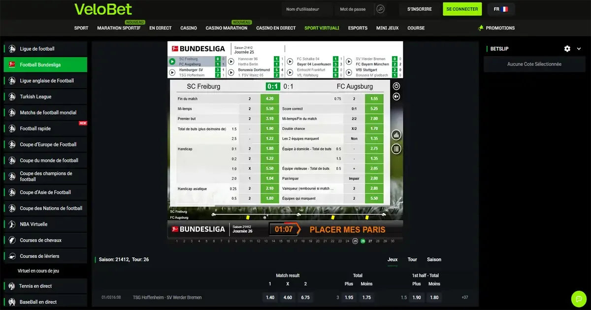 Paris sport virtuel football Bundesliga sur VeloBet avec cotes en direct et matchs virtuels