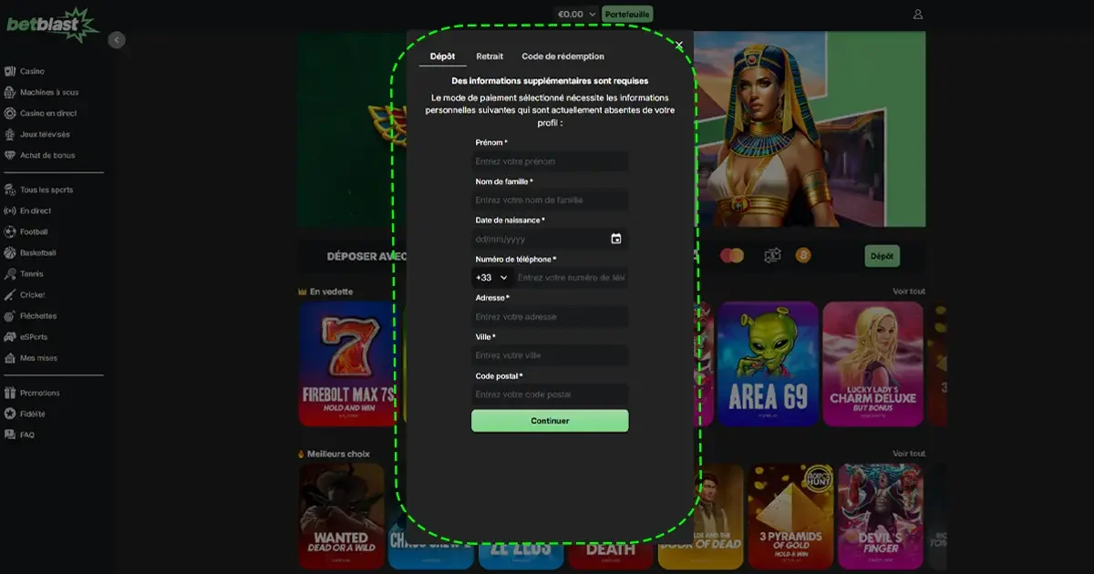 Formulaire BetBlast demandant les informations personnelles pour finaliser le d&eacute;p&ocirc;t : pr&eacute;nom, adresse, date de naissance et num&eacute;ro de t&eacute;l&eacute;phone