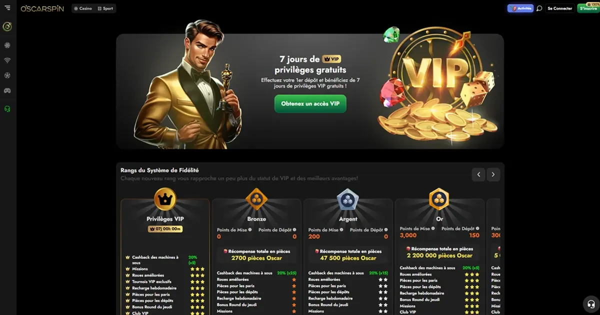 Programme VIP du casino OscarSpin avec r&eacute;compenses, rangs fid&eacute;lit&eacute; et 7 jours de privil&egrave;ges gratuits