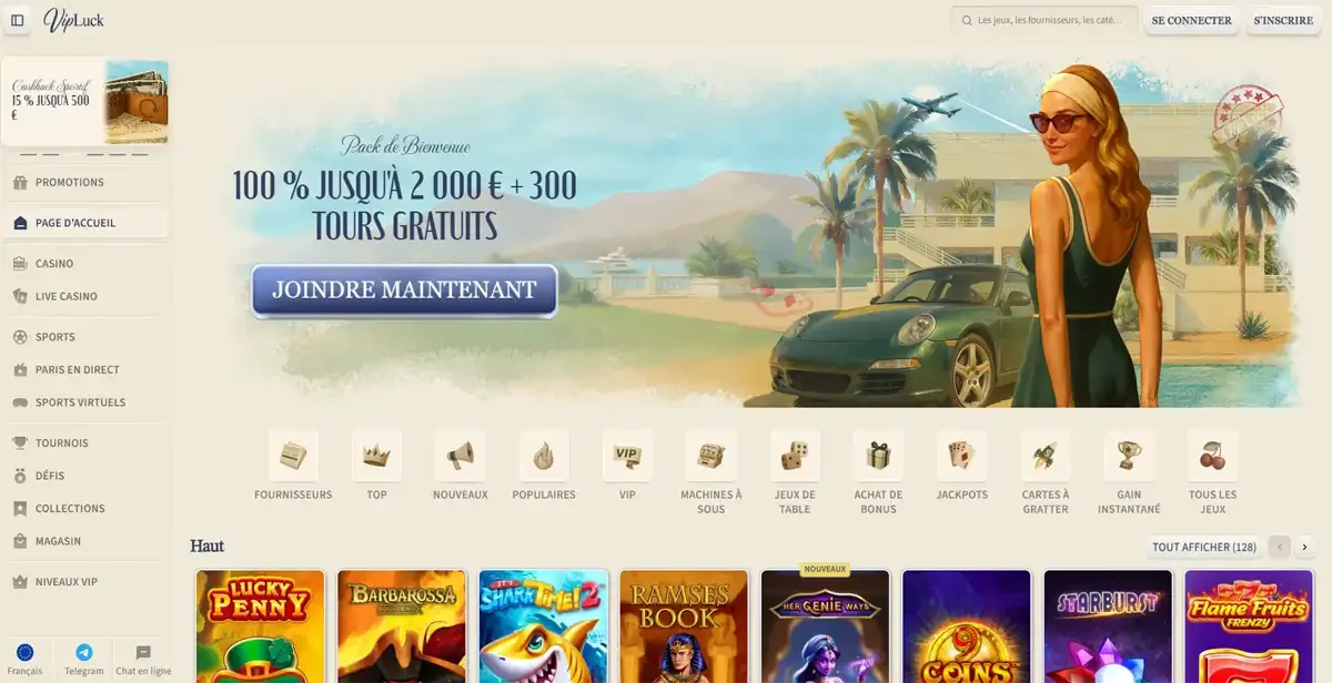 Interface du casino en ligne VipLuck avec bonus de bienvenue 100 % jusqu'&agrave; 2000 &euro; et 300 tours gratuits