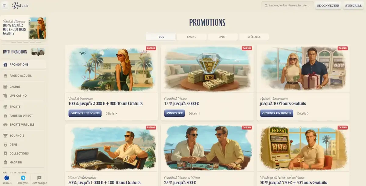 Page promotions Vip Luck Casino avec bonus de bienvenue, cashback et tours gratuits