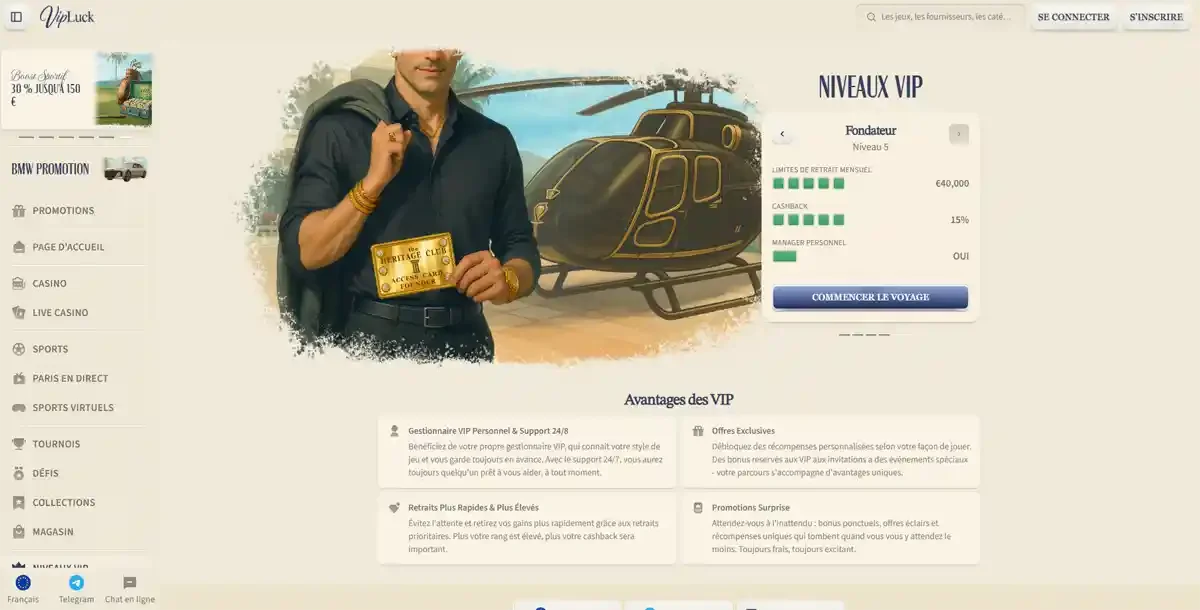 Programme VIP VipLuck Casino avec niveaux VIP, cashback et limites de retrait