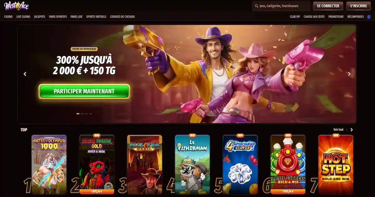 Page d&rsquo;accueil WestAce Casino et bonus de bienvenue jusqu&rsquo;&agrave; 2 000 &euro; et 150 tours gratuits