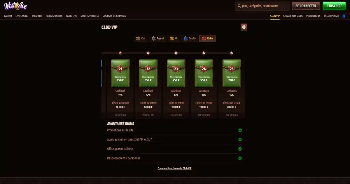 Club VIP du casino en ligne WestAce