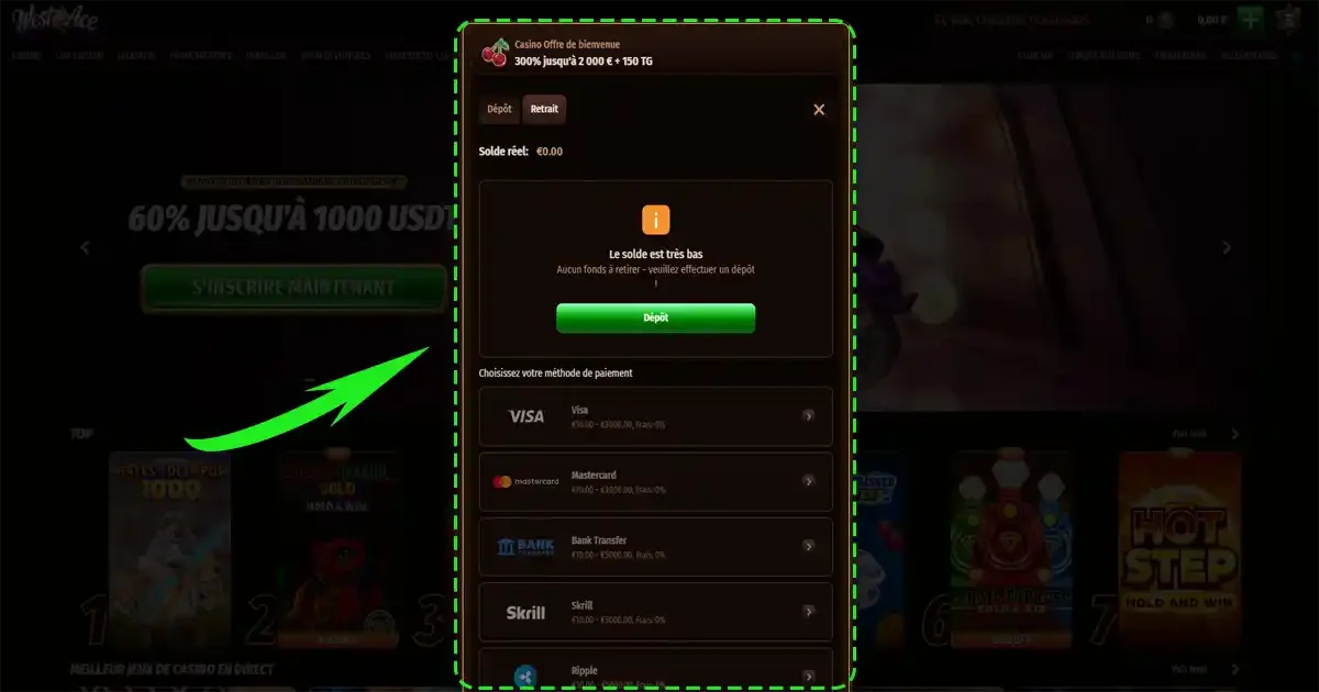 Interface de retrait sur le casino en ligne WestAce