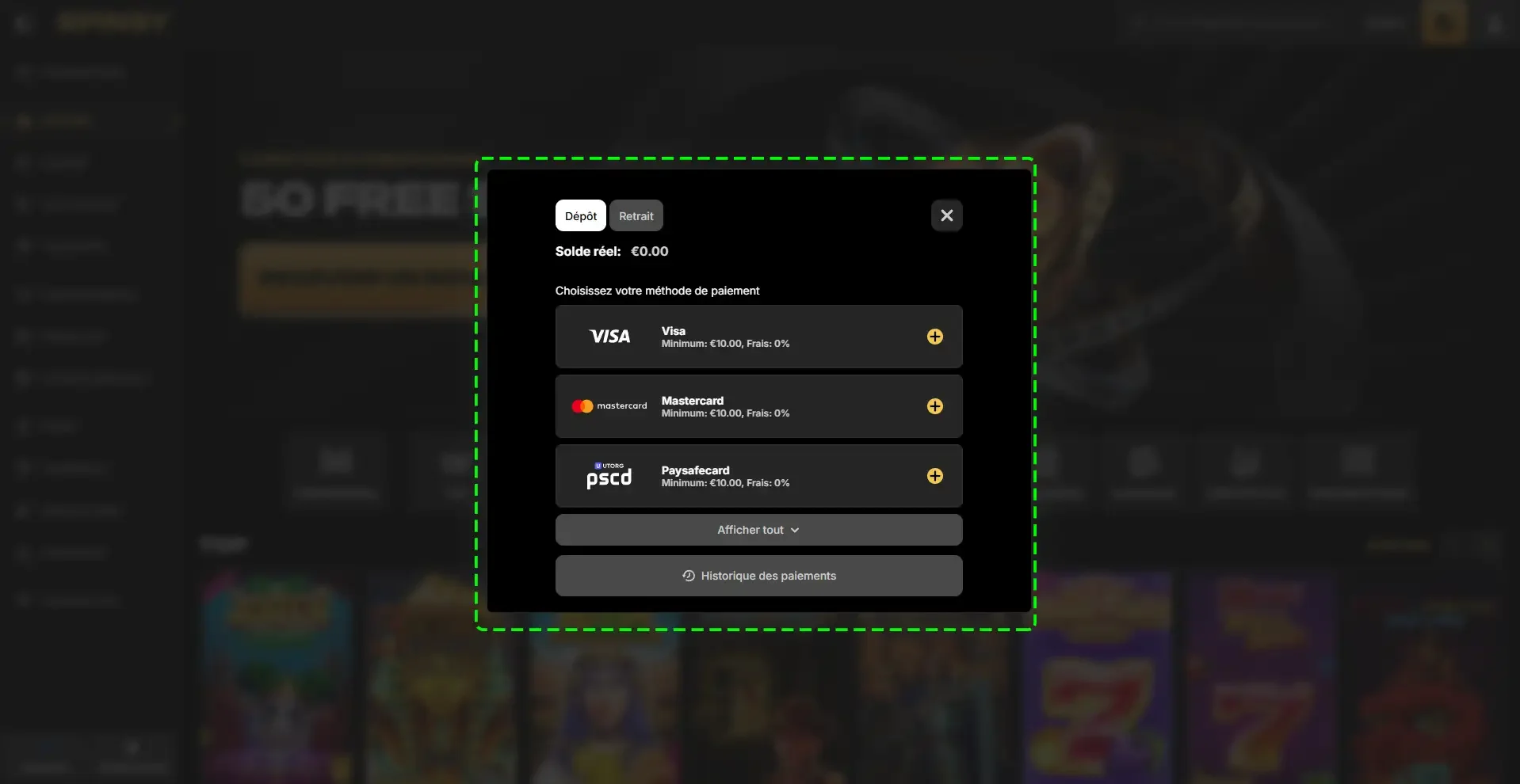 Widget de d&eacute;pot sur le casino Spinsy