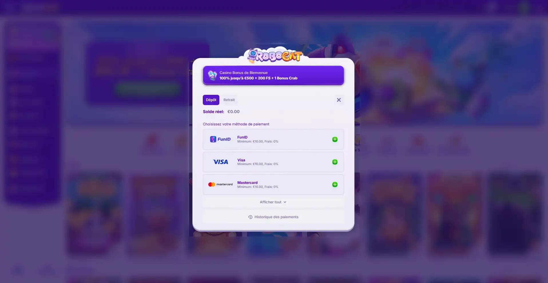 Widget de d&eacute;p&ocirc;t robocat casino