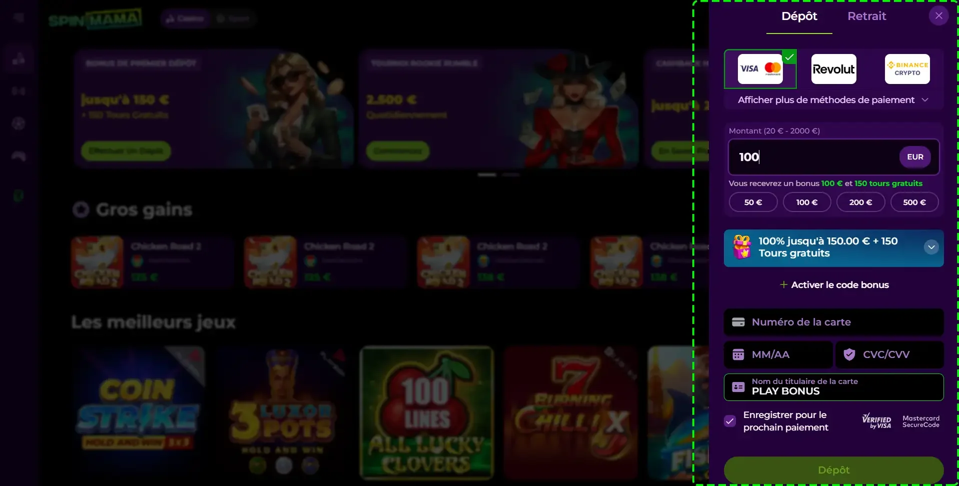 Widget de d&eacute;p&ocirc;t spinmama casino