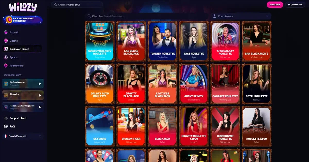 Casino en direct Wildzy avec jeux live de roulette, blackjack et croupiers professionnels