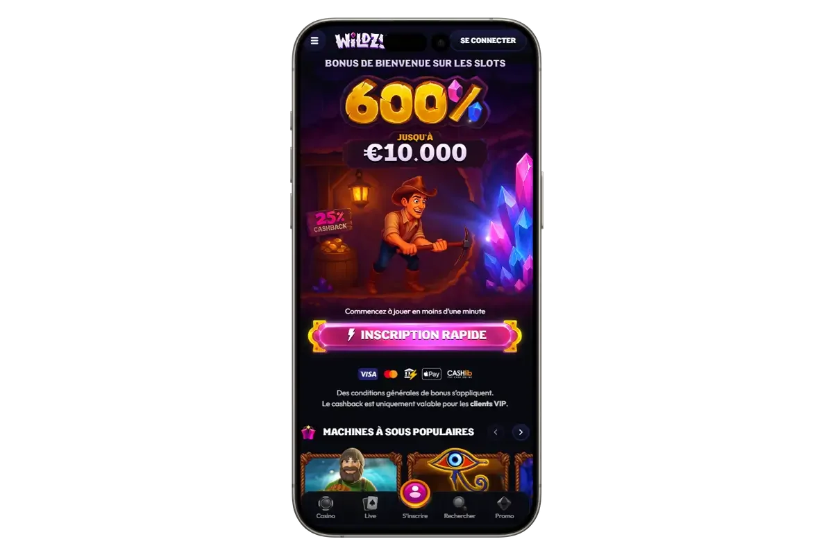 Version mobile de Wildzy Casino pr&eacute;sentant le bonus de bienvenue de 600 % jusqu&rsquo;&agrave; 10 000 &euro; sur les machines &agrave; sous
