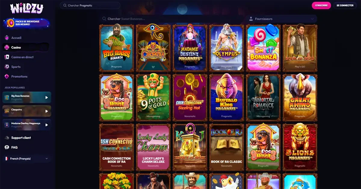 Lobby des machines &agrave; sous Wildzy Casino avec jeux populaires de Pragmatic Play, Microgaming et Play&rsquo;n GO