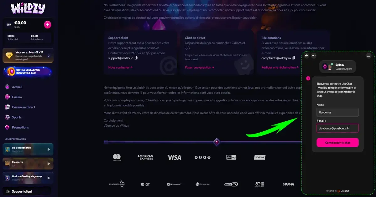 Page support client Wildzy Casino avec chat en direct, assistance 24h/24 et formulaire de contact