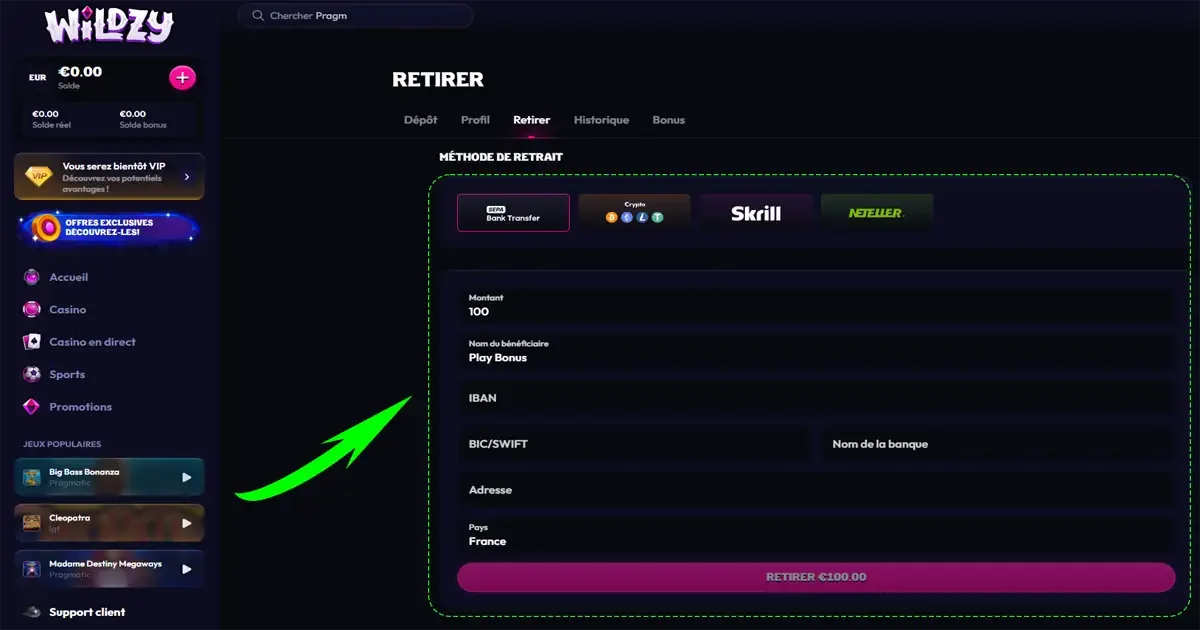 Page de retrait Wildzy Casino affichant les m&eacute;thodes de retrait par virement SEPA, crypto, Skrill et Neteller