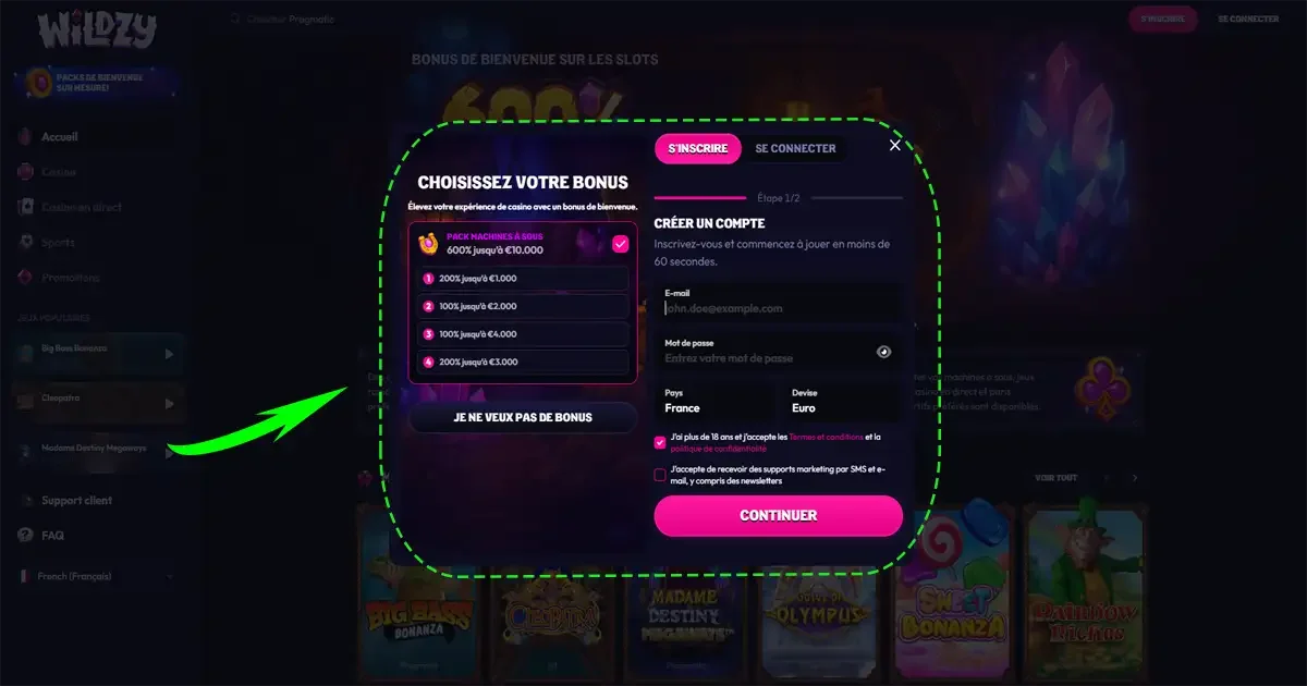Fen&ecirc;tre d&rsquo;inscription Wildzy Casino avec cr&eacute;ation de compte et choix du bonus de bienvenue sur les machines &agrave; sous