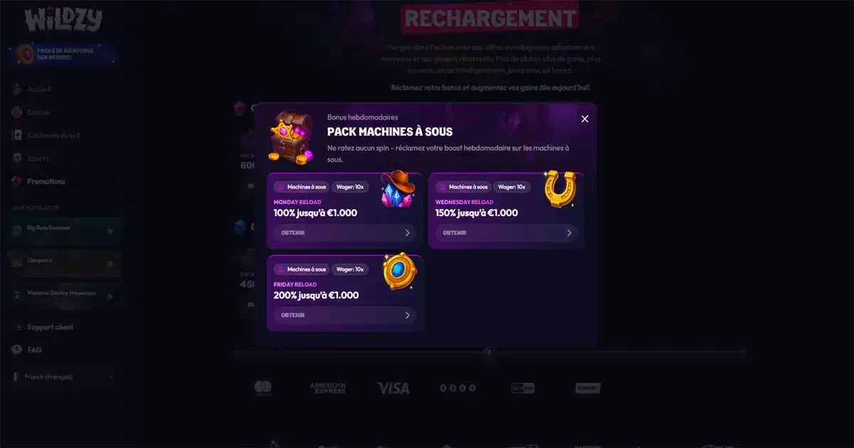 Pack machines &agrave; sous Wildzy Casino avec bonus de rechargement hebdomadaires jusqu&rsquo;&agrave; 200 %
