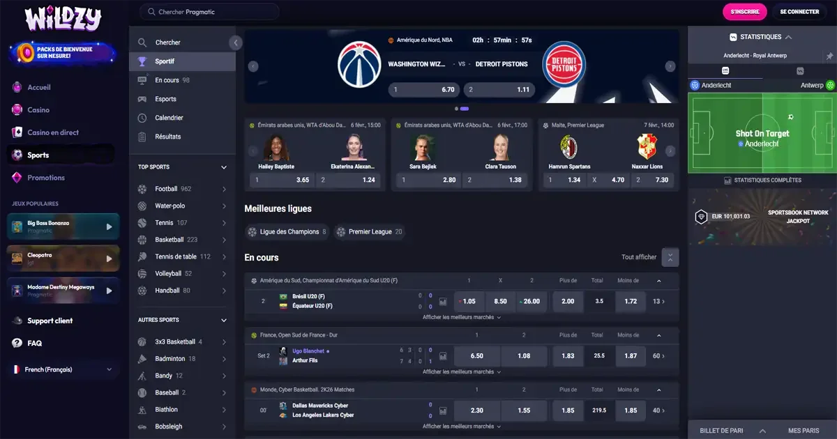 Interface des paris sportifs Wildzy avec cotes en direct, matchs en cours et sportsbook en ligne