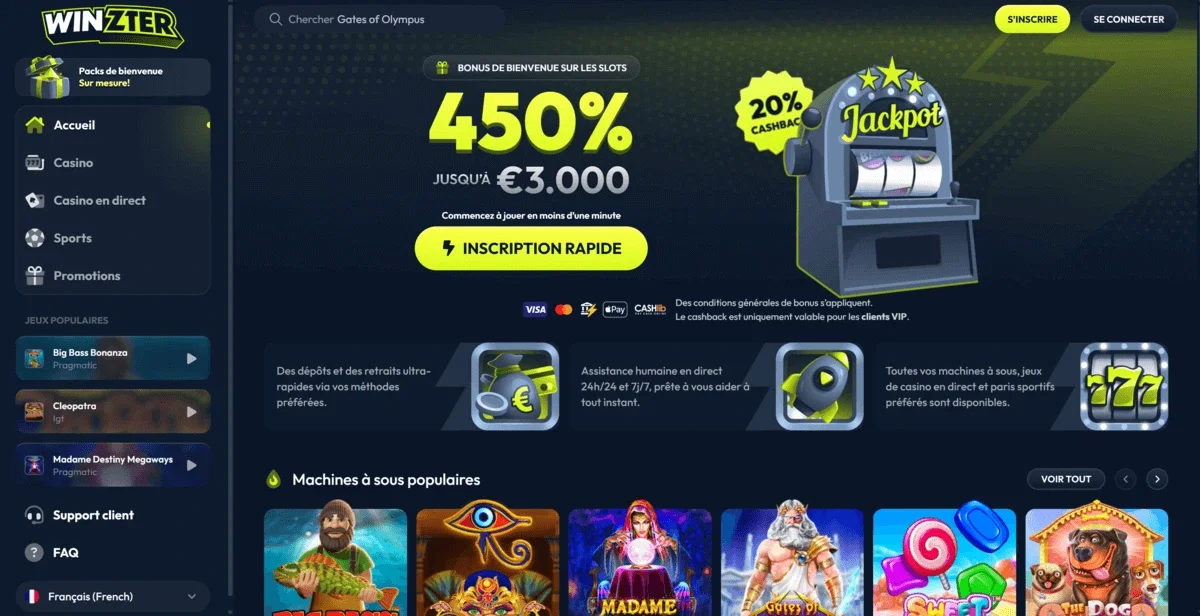 Page d'accueil du site casino Winzter