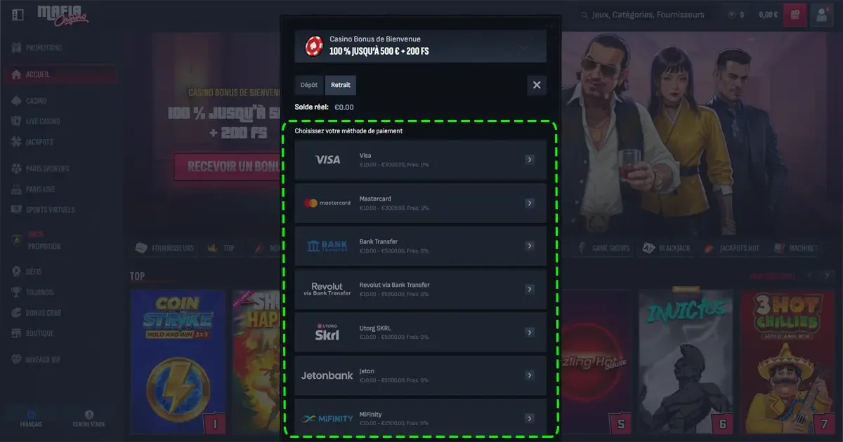 M&eacute;thode de retrait sur le casino en ligne Mafia casino